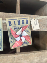 Load image into Gallery viewer, BINGO banner, faded blue w/polka dot pinwheels
