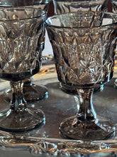 Load image into Gallery viewer, Smoke Colored Mini Goblets + Silver Tray
