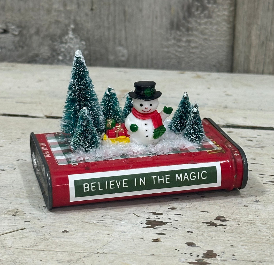 Snowman + Trees on Tobacco Tin {Believe in the Magic}