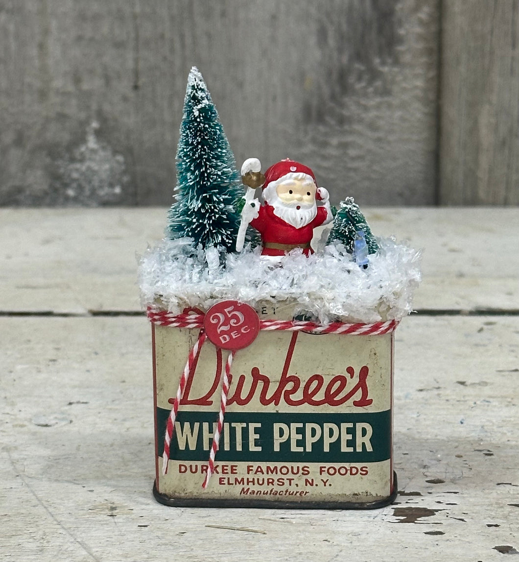 White Pepper Tin w/Santa + Trees