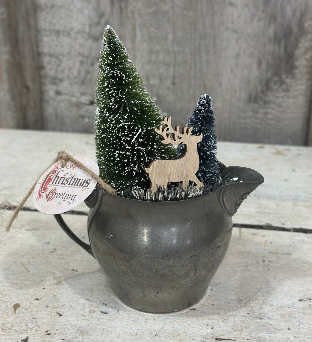 Silver Pot w/Deer, Tree, Greenery
