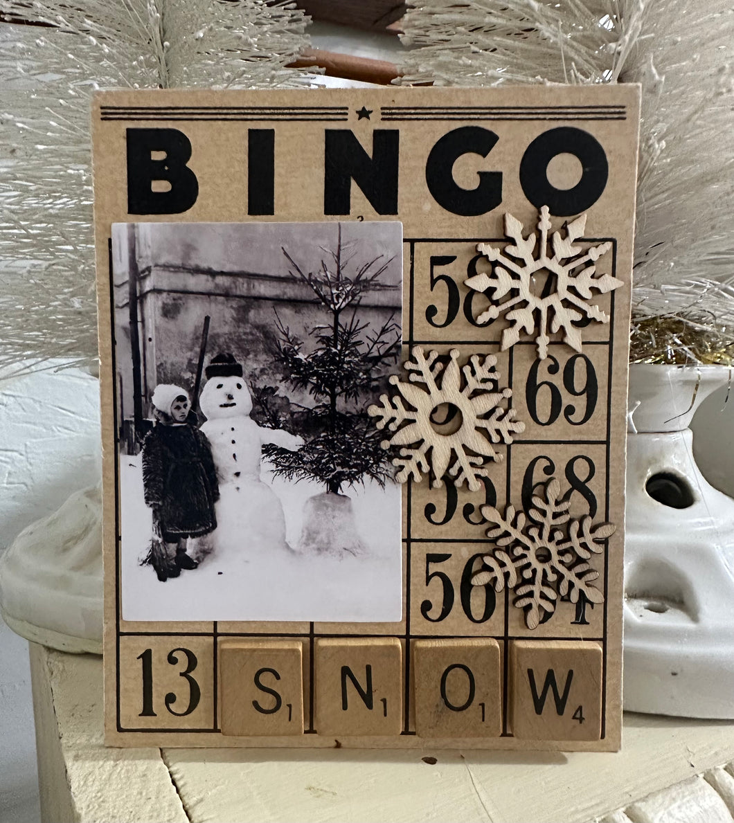 1} Snow Scrabble Tiles, Wooden Flakes
