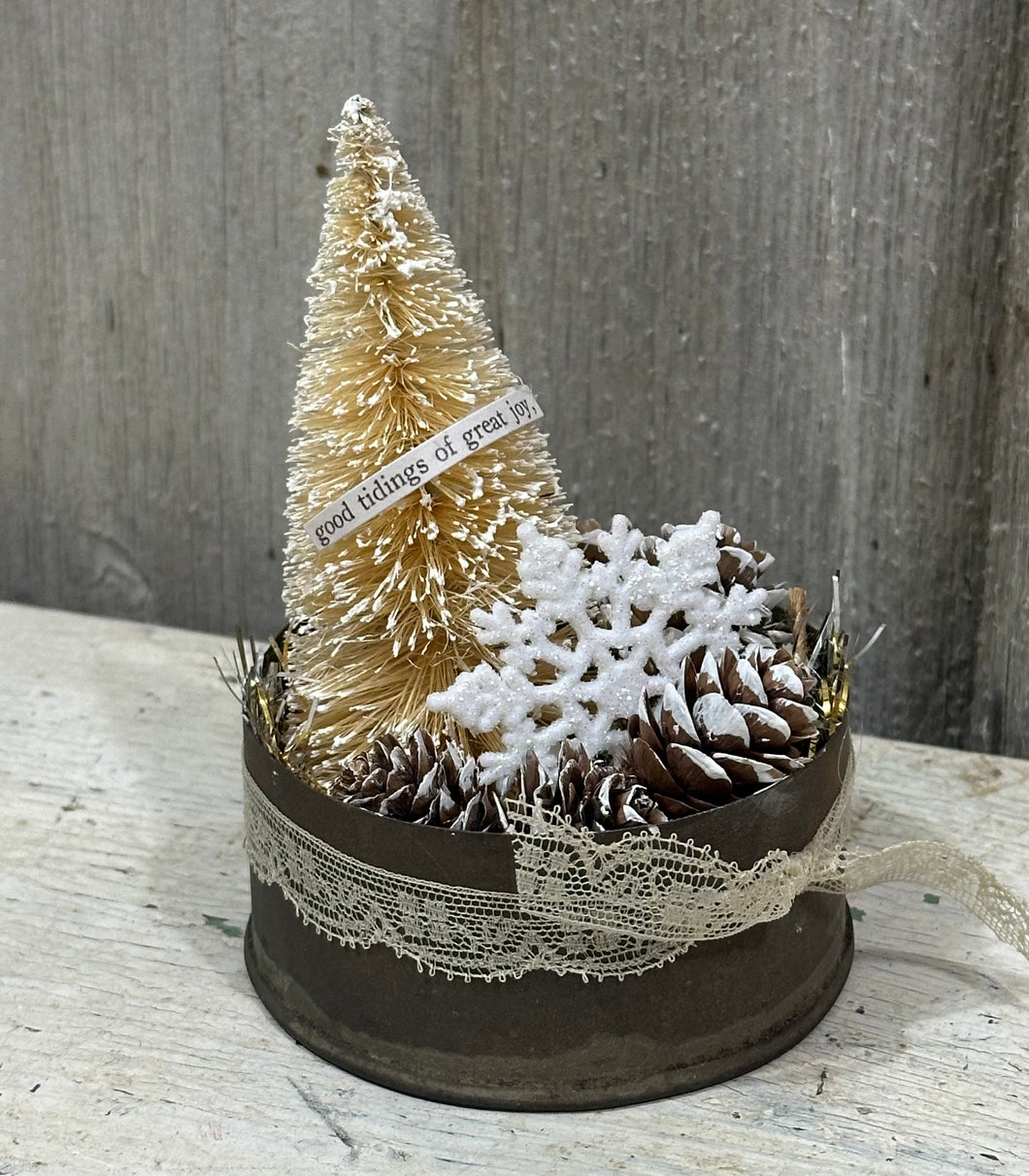 White Tree in Rusty Tin, Flakes + Cones