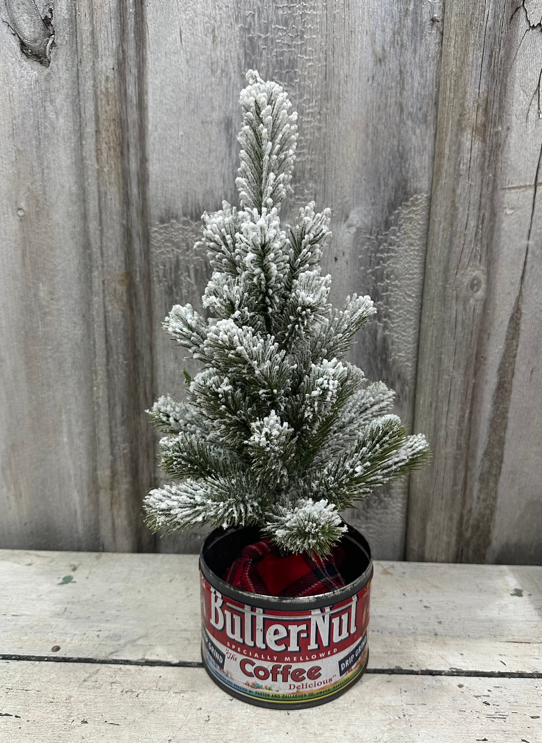 Flocked Tree in Butternut Tin [LOCAL PICK UP ONLY}