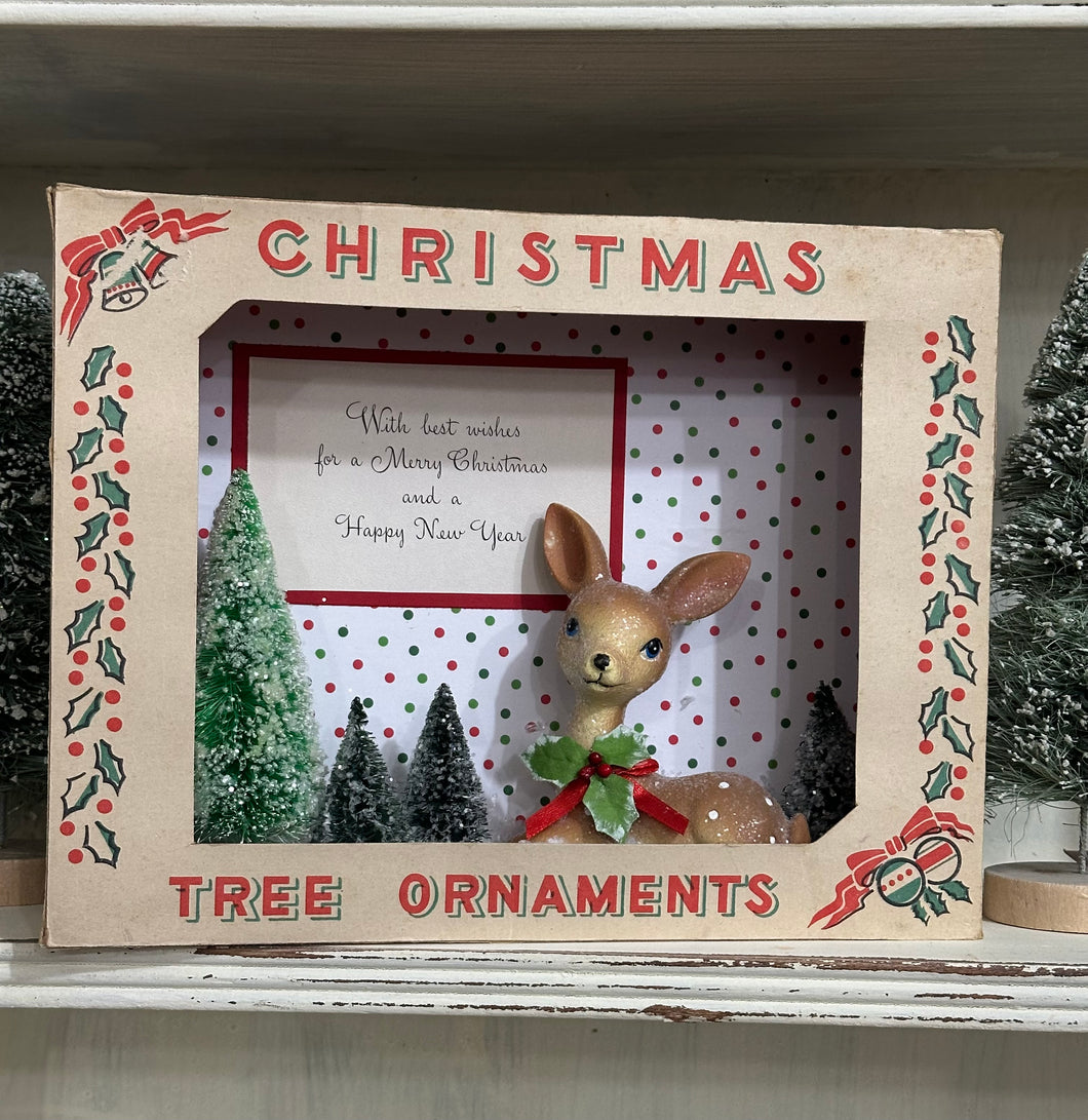 Christmas Tree Ornament Box w/Deer + Trees, Best Wishes for a Merry Christmas