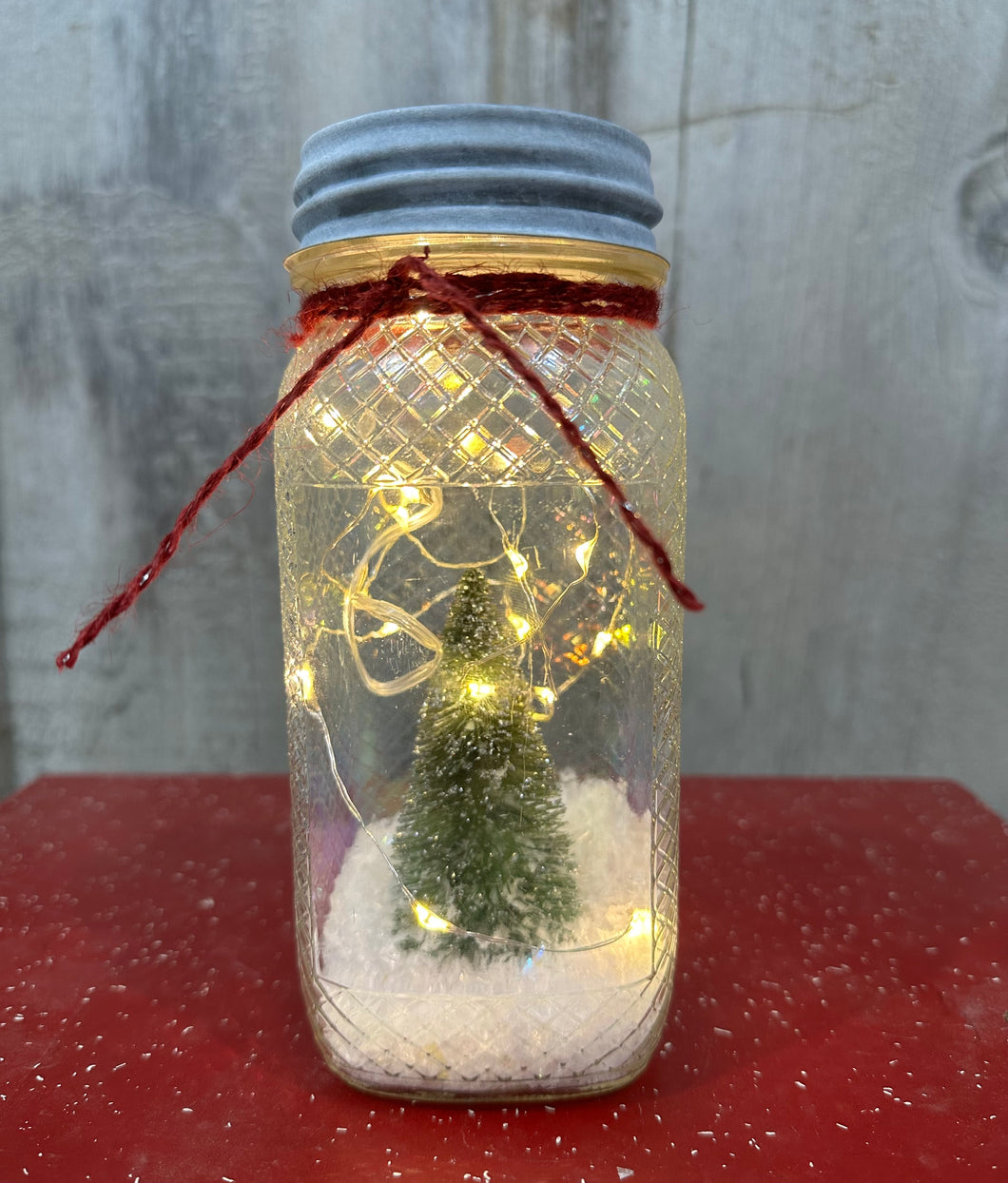 Slim Coffee Jar with Glittered Tree, Red Twine