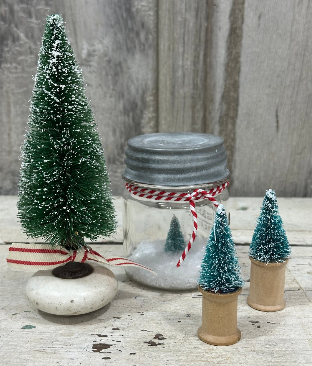 Green Flocked Tree, Jar, Red + White Trim